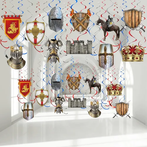 22 piezas de decoraciones medievales para fiestas, decoraciones de cumpleaños de caballero, remolinos colgantes, corona de caballero, pared de