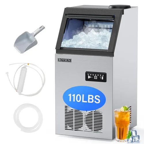 ROVSUN Máquina de hielo comercial de acero inoxidable, hace 110 libras/24 horas, almacenamiento de 24 libras, máquina de hielo automática debajo del