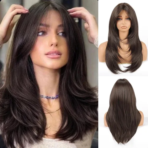 Miniatura 14 de Allbell - Peluca larga y lacia para mujer, color ombré castaño claro a rubio con flequillo, con reflejos, de cabello sintético, resistente al calor