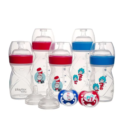 Miniatura 2 de Set de regalo Playtex Baby Dr. Seuss para recién nacidos con 5 biberones (3X 4Oz, 2X 8Oz), 2 chupetes Binky, 60 forros desechables y babero, Set