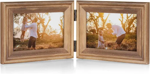 Miniatura 31 de Marco de fotos doble de madera con bisagras horizontales de 5 x 7 pulgadas, marco de fotos plegable con frente de cristal real en negro para mesa