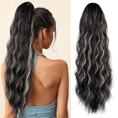 Miniatura 16 de FREEMEIGE Extensiones de cola de caballo largas onduladas con cordón para mujeres, extensiones de cabello con clip para cola de caballo, mezcla