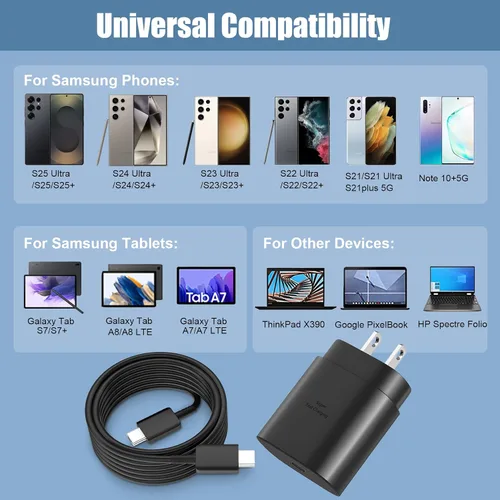 Miniatura 5 de Cargador súper rápido tipo C, bloque de cargador de pared rápido USB C de 25 W y cable de carga rápida súper largo de 8 pies para Samsung Galaxy