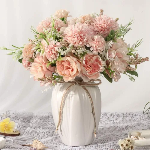 Miniatura 11 de Flores artificiales de peonías en jarrón, ramo de flores de peonía de seda de hortensias falsas con florero, arreglo de flores sintéticas, Azul
