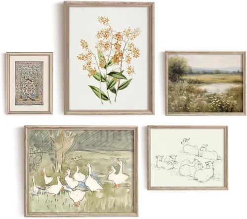 Vodefoad Juego de arte de pared vintage para guardería, 5 impresiones en lienzo neutro, patos, corderos, flores, pájaros y paisaje, sin marco Vivero