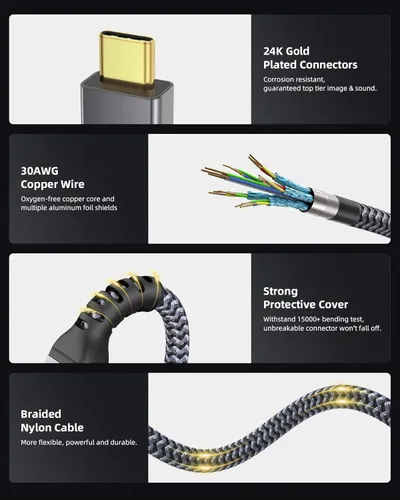 Miniatura 5 de Maxonar Cable Thunderbolt 4 de 16.5 pies de largo con sincronización de datos de 20 Gbps/carga de 100 W y 4K a 60 Hz para dispositivos Thunderbolt
