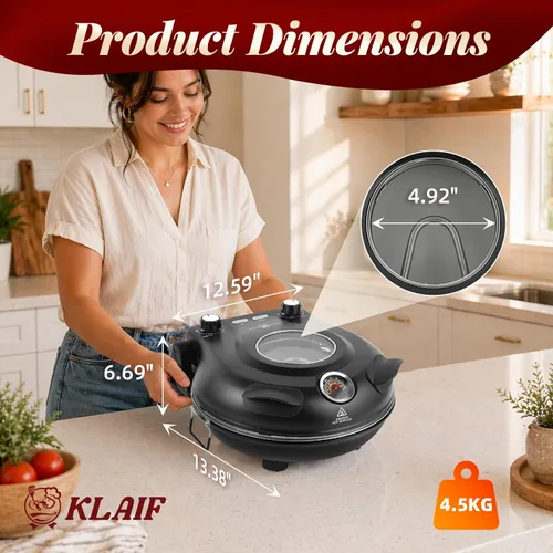 Miniatura 7 de KLAIF Horno eléctrico de pizza de 12 pulgadas para encimera con piedra de cerámica, controles de temperatura ajustables duales, incluye 4 Negro