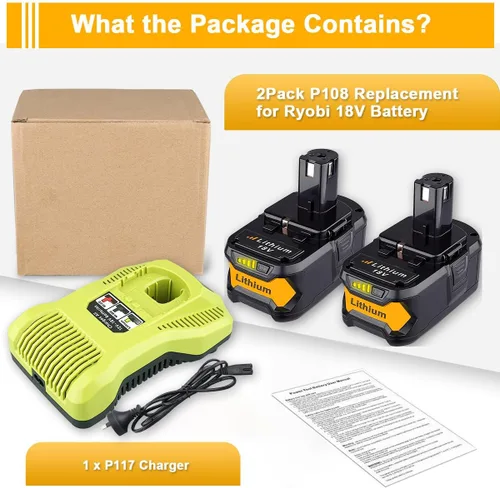 Miniatura 7 de 2Pack 6.0Ah PBP2005 P108 Replacement for Ryobi 18V Battery and P117 Charger Charging Station Starter Kit Compatible with Over 225 for 18v Lithium