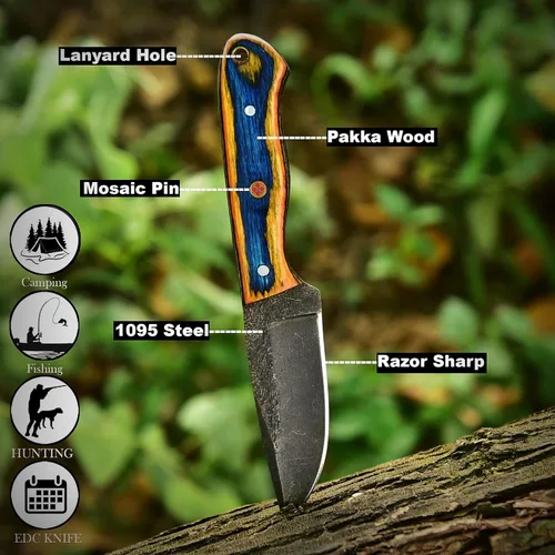 Miniatura 2 de Cuchillo de caza hecho a mano de hoja fija de espiga completa - Cuchillos Scandi de supervivencia al aire libre de acero 1095 para bushcraft, Madera
