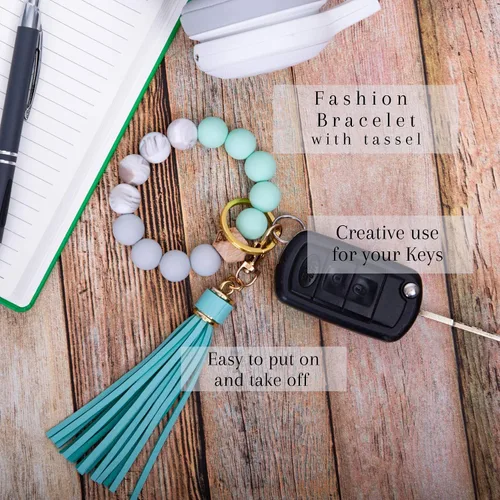 Miniatura 4 de dizzy creek designs Llavero pulsera, pulsera de cuentas de silicona para mujer, llavero con borla de cuero