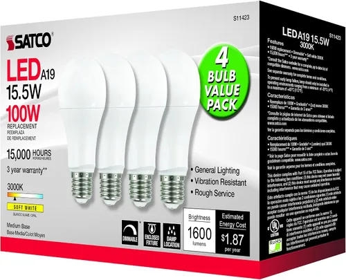 Miniatura 4 de Satco 15.5w 120v A19 LED E26 base mediana 1600 lúmenes 3000k (4 bombillas LED)