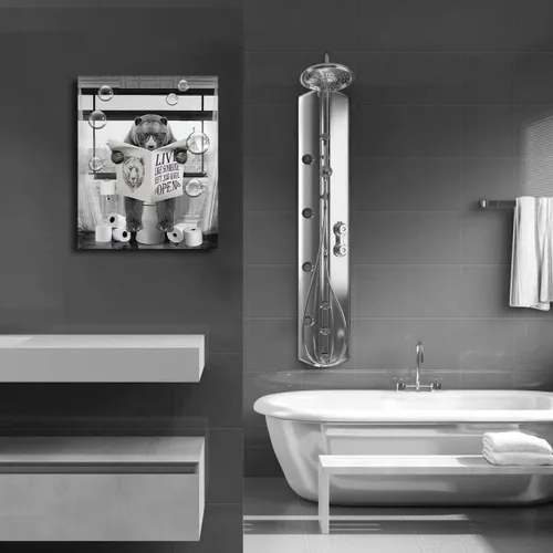 Miniatura 2 de Lienzo decorativo de osos divertidos para pared, cuadros en blanco y negro, decoración de pared de baño, oso sentado en el inodoro, lectura