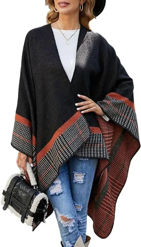KirGiabo Suéter a Cuadros para Mujer Poncho Capa Abrigo Frente Abierto Manta Chales y Envolturas