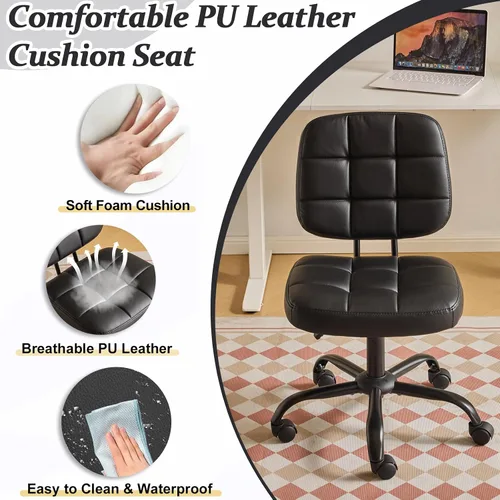 Miniatura 4 de VINGLI Silla de escritorio compacta y pequeña, linda silla sin brazos con ruedas, silla de tocador con respaldo bajo, silla de tarea ajustable