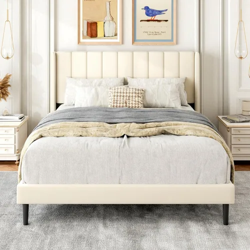 Miniatura 25 de Gruwans Estructuras de Cama Individual con Cabecera Wingback, Camas de Plataforma Tapizadas, No Necesita Somier, Soporte Resistente de Listones