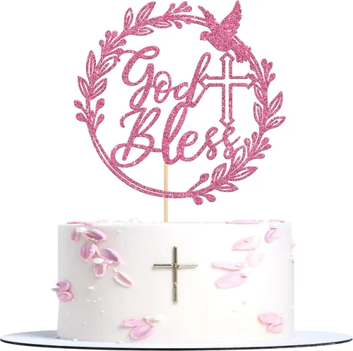 Miniatura 14 de 1 pieza de decoración de pastel Dios bendiga con cruz de paloma y purpurina, para bautizo, primera comunión, celebración religiosa, baby shower