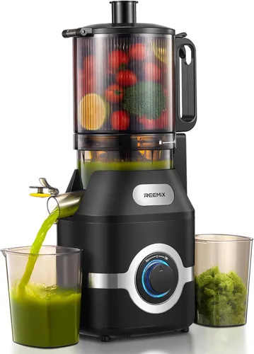 Reemix Máquina exprimidora con canal de alimentación grande, exprimidor de masticación lenta con doble cerradura de seguridad, fácil de limpiar,