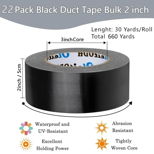 Miniatura 2 de Oleitodh Paquete de 22 rollos de cinta adhesiva negra a granel, 2 pulgadas resistente (total 660 yardas), cinta todo clima fuerte sin residuos, Negro