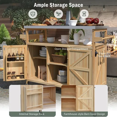 Miniatura 7 de Carrito de bar al aire libre con armario de almacenamiento, isla de cocina portátil con ruedas, mesa de preparación de consola al aire libre