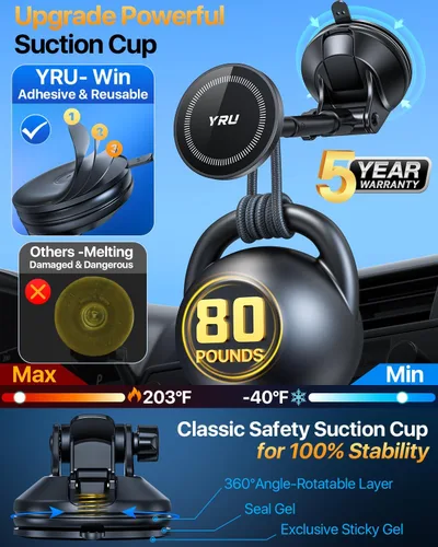 Miniatura 3 de YRU Soporte magnético mejorado para teléfono para automóvil, patentado y súper imán: para montaje MagSafe, tablero de instrumentos, soporte
