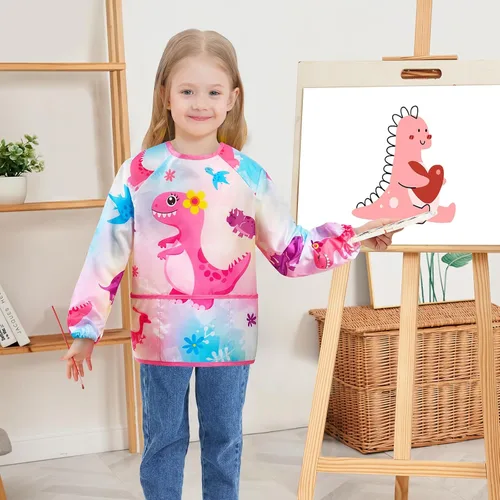 Miniatura 5 de WERNNSAI Bata de arte para niños impermeable con manga larga y 3 bolsillos de pintura Dinosaurio B001