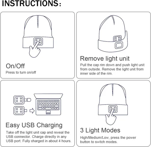 Miniatura 5 de Gorro LED con Luz, Gorro con Linterna de 4 LED Unisex Recargable por USB, Manos Libres, Gorro de Invierno de punto con Luz Nocturna, Linterna