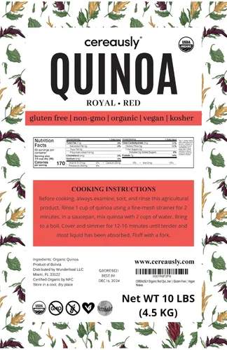 Miniatura 2 de CEREAUSLY Quinoa roja orgánica – Quinoa real premium de Bolivia – Quinoa Kosher y sin OMG – Quinoa vegana y con cuota de gluten – 10 libras