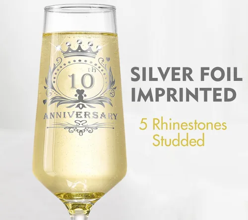 Miniatura 2 de ROXBURGH Juego de 2 copas de champán con diamantes de imitación tachonados, decoraciones de 10º aniversario de 7 onzas, copas de champán de cristal