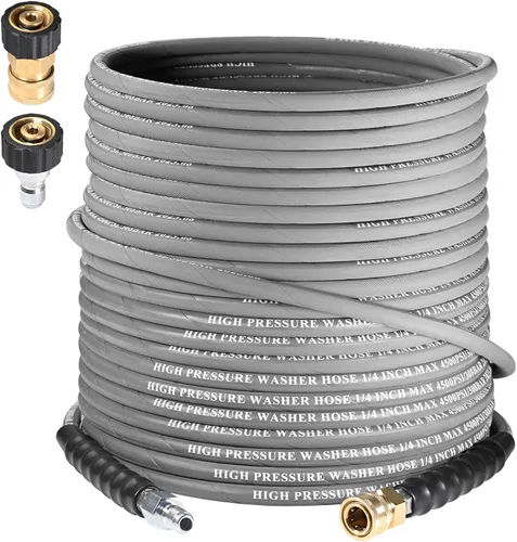 Manguera de Lavadora a Presión de 1/4", 125 Pies, 4500 PSI, Capa Trenzada de Acero y Goma Antideslizante para Agua Caliente/Fría, Repuesto de