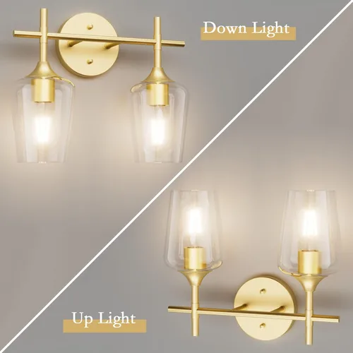 Miniatura 3 de Ralbay Lámparas de baño doradas 2 luces con vidrio transparente, iluminación moderna de montaje en pared, iluminación industrial de granja, luces
