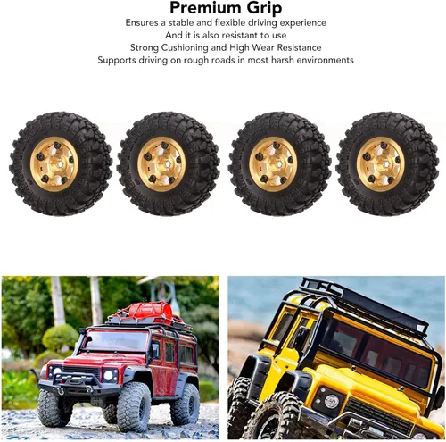 Miniatura 2 de VGEBY Ruedas de coche RC, neumáticos RC de 1 pulgada, cubo de rueda de latón, neumáticos de automóvil RC para FCX24 118 124 Crawler 4 piezas (dorado)