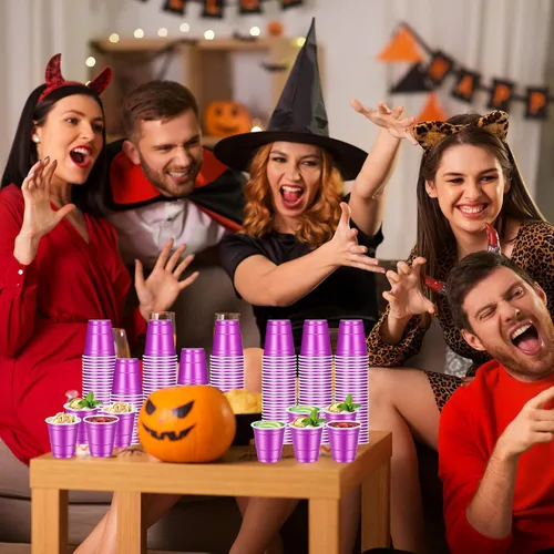 Miniatura 4 de 120 piezas Vasos de chupito morados Vasos de chupito de plástico púrpura de 2 oz Vasos de chupito de Halloween desechables para bebidas