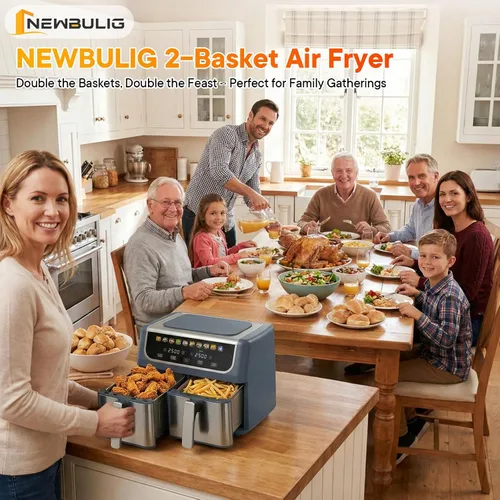 Miniatura 2 de NEWBULIG Freidora de aire doble con 2 cestas de 9.5 cuartos de galón, freidoras de aire grandes 10 en 1 con placa de cerámica para cocinar, cocinar