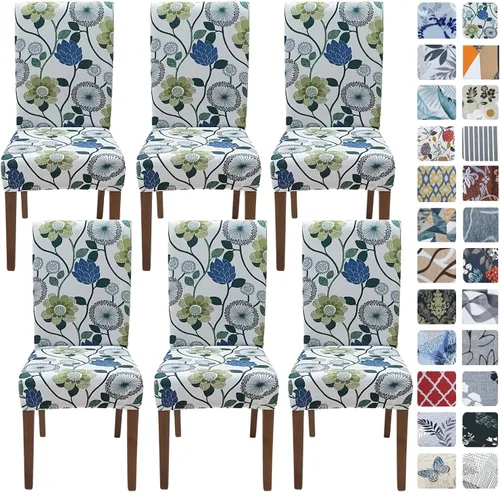 SPRINGRICO Paquete de 6 fundas blancas para sillas de comedor, fundas elásticas para sillas de comedor con diseño floral, de elastano lavable,