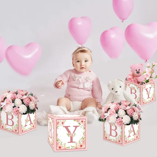 Miniatura 3 de TSVATE Decoraciones de cajas rosas para baby shower, 4 cajas de centro de mesa de baby shower, decoración de centro de mesa de primer cumpleaños