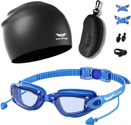 Miniatura 12 de Gafas de natación 7 en 1 + gorro de natación para hombres y mujeres, sin fugas, antivaho y UV, lente de PC con espejo HD de visión amplia