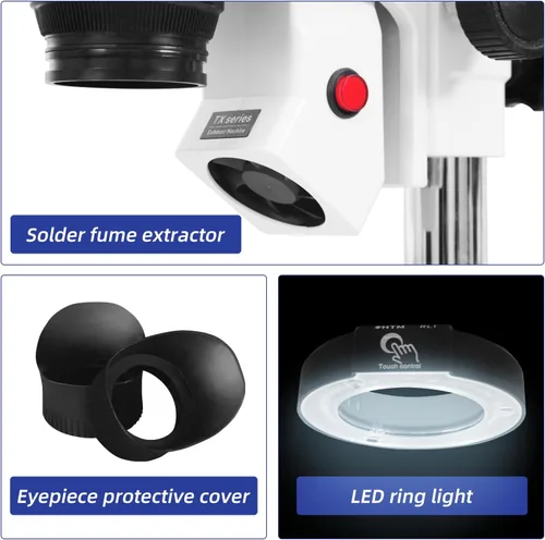 Miniatura 7 de HengTianMei Microscopio de zoom estéreo trinocular TX-350E equipado con una cámara 4K, oculares WF10x, aumento 7X-50X, microscopio de soldadura