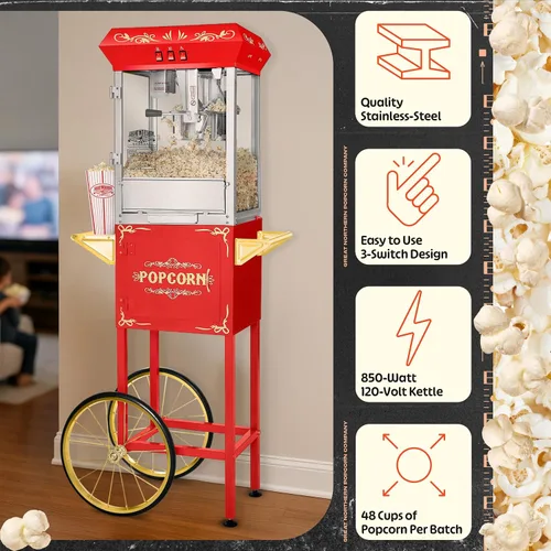 Miniatura 2 de Great Northern Popcorn - Máquina para hacer palomitas de maíz con carro, hervidor de acero inoxidable de 8 onzas que hace hasta 48 tazas, estilo Rojo