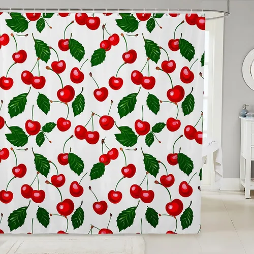 Feelyou Juego de cortinas de ducha con diseño de fruta, color cereza roja, juego de cortinas de ducha de tela de poliéster, impermeable, juego de