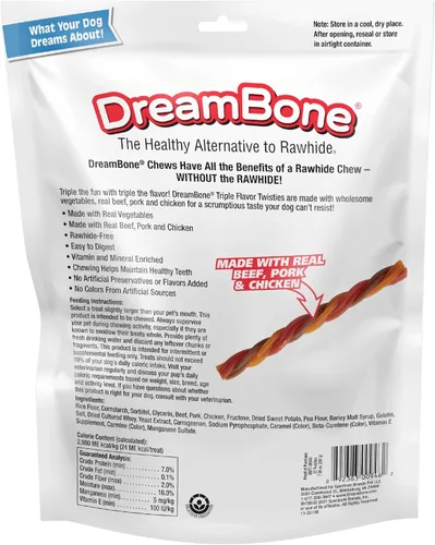 Miniatura 10 de Dreambone Triple Flavor Twisties, 25 unidades, masticables para perros sin cuero crudo hechos con carne de res real, cerdo y pollo, 7.05 onzas