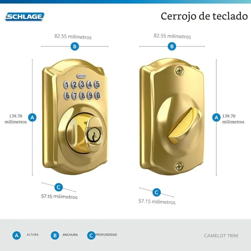 Miniatura 3 de Schlage - Cerrojo de seguridad Camelot BE365 CAM 505 con teclado, cerradura de entrada electrónica sin llave, latón brillante Bright Brass