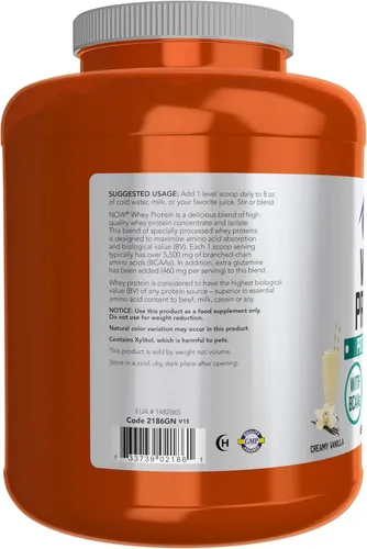 Miniatura 3 de NOW Sports Nutrition, Proteína de suero, 26 g con BCAAs, polvo cremoso de vainilla, 6 libras