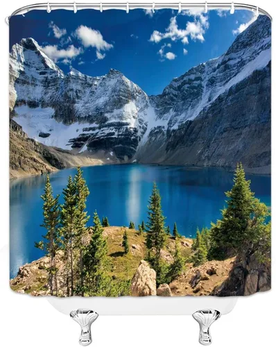Miniatura 3 de Cortina de ducha escénica de montaña, naturaleza, montaña, lago, cielo azul, nube, paisaje, simple, tela para el hogar, juego de decoración de baño