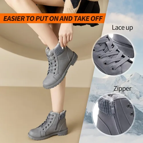 Miniatura 4 de Uoidru Botas de combate para mujer, botines de tobillo negro, botas de nieve de invierno, botas blancas con cordones, cómodas botas peludas