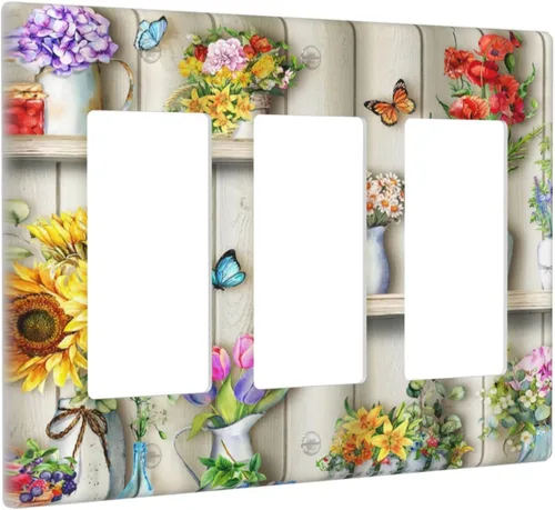 Miniatura 121 de Placa de pared decorativa con hojas de palmera tropicales de oro blanco, hoja de plátano, doble interruptor de luz de palanca decorativa, placa