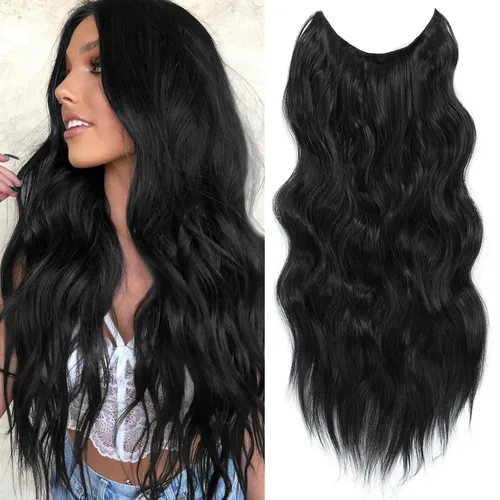 Miniatura 44 de Extensiones de cabello con halo de 12 pulgadas con alambre invisible, cabello largo ondulado ajustable, sintético, mejora con 4 clips de seguridad
