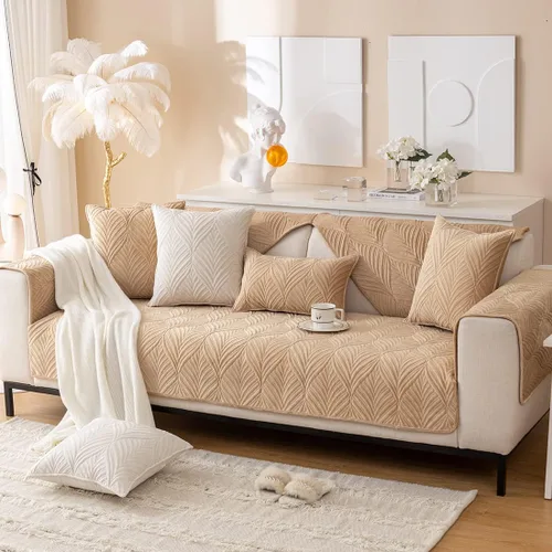 Miniatura 3 de vctops Fundas acolchadas de terciopelo súper suave para sofá y sillón, funda antideslizante para sofá seccional con patrón de hojas, forro de sofá