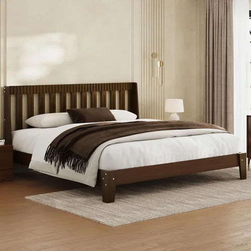 Miniatura 11 de Base de cama tamaño Queen con cabecero, marco de cama de madera moderna de mediados de siglo con cabecero acanalado y alas curvas, sin ruido,
