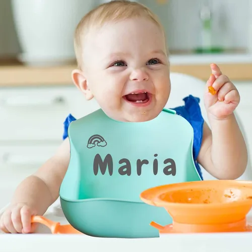 Miniatura 2 de FCQIANKM Juego de baberos de silicona personalizados para bebés, cuchara y tenedor con icono de nombre, baberos personalizados para niños pequeños