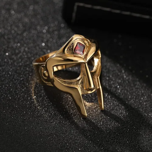 Miniatura 4 de DOOM - Anillo de máscara para hombre, estilo gladiador, anillo de acero inoxidable de titanio dorado rubí